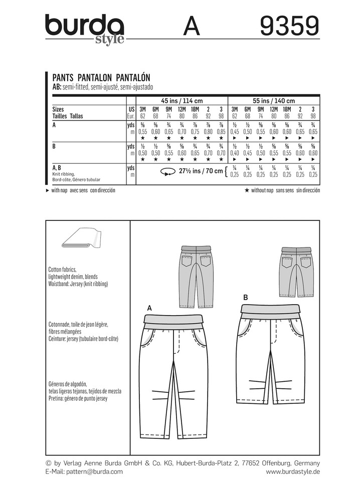 burda Schnitt 9359 "Hose und hüftpassentaschen und Elastikbund"