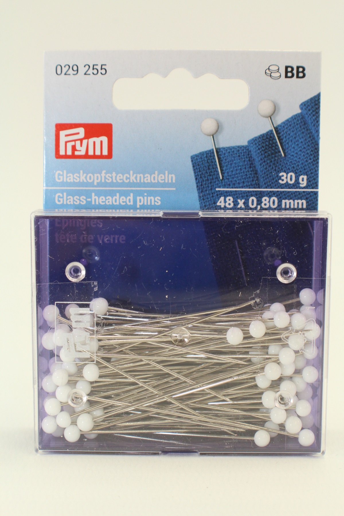 Glaskopfnadeln, 0,80 x 48mm, weiß, 30g, Karte mit Dose