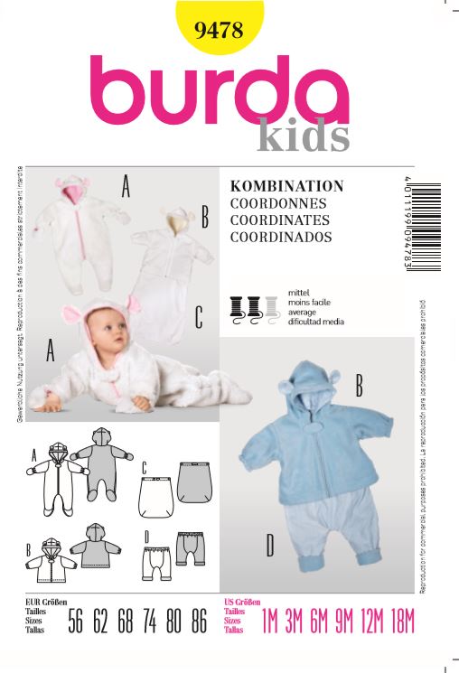 burda Schnitt 9478 "Baby Kombination: Overall, Jacke, Fußsack und Hose "