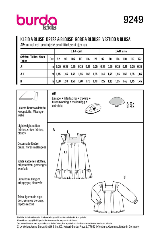 burda Schnitt 9249 " Kleid und Bluse für Mädchen"