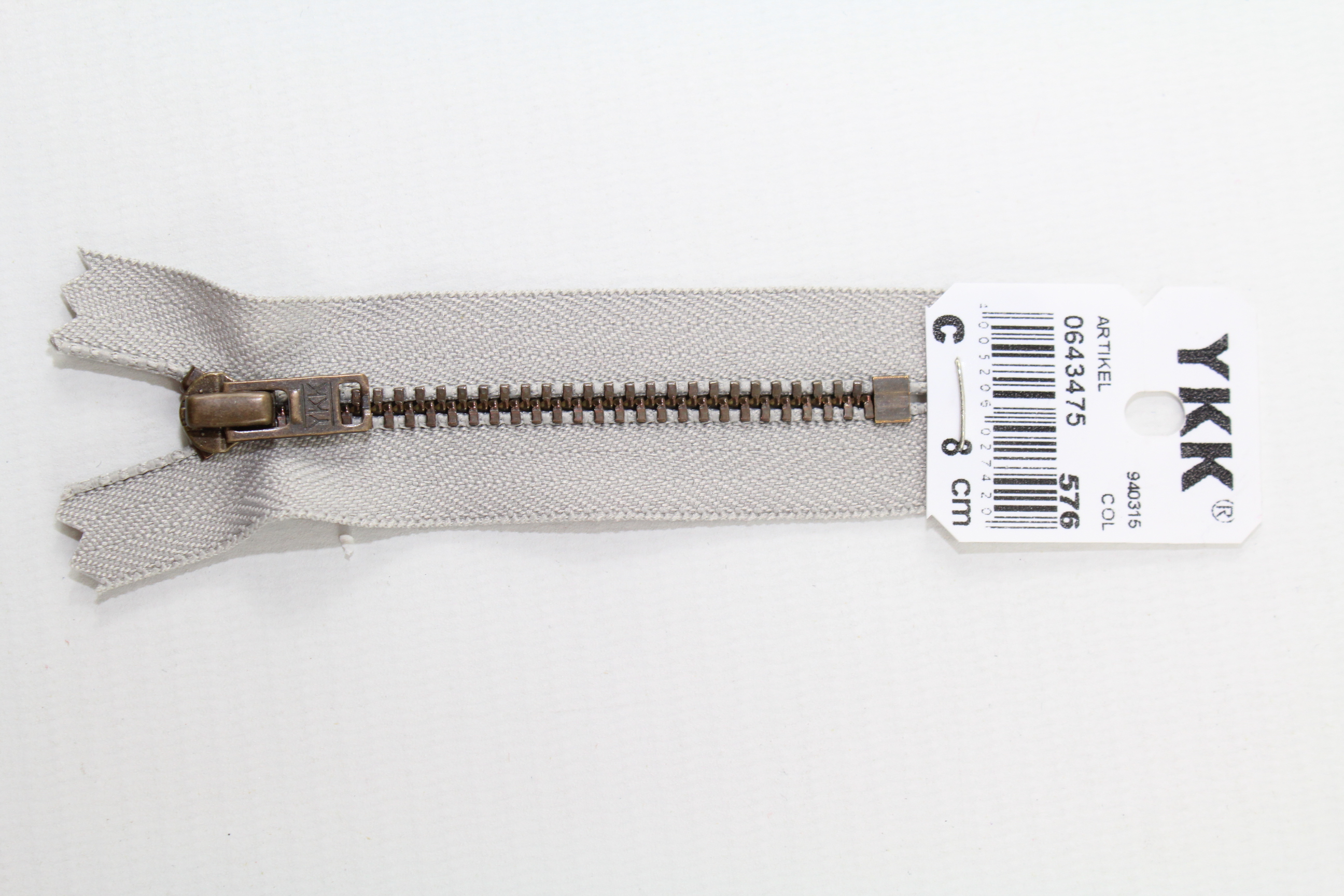 YKK Reissverschluss altmessing 8cm, nicht teilbar, hellgrau, Farb.-Nr.: 576