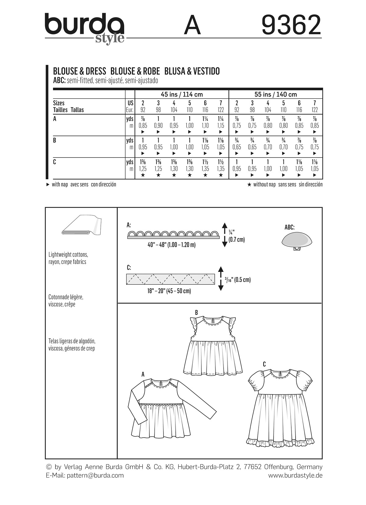 burda Schnitt 9362 "Bluse und Kleid und Hängerchen und eingereihter Rock und Saumrüsche"