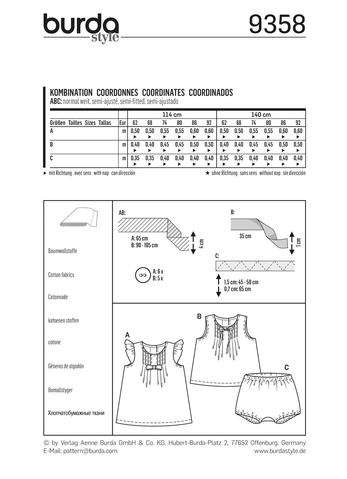 burda Schnitt 9358 "Kleid und Hängerchen und Bluse und Höschen und Fältchen und rückw. Knopfverschus