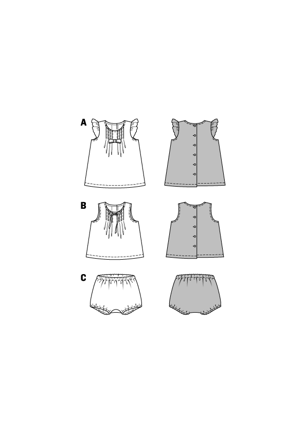 burda Schnitt 9358 "Kleid und Hängerchen und Bluse und Höschen und Fältchen und rückw. Knopfverschus