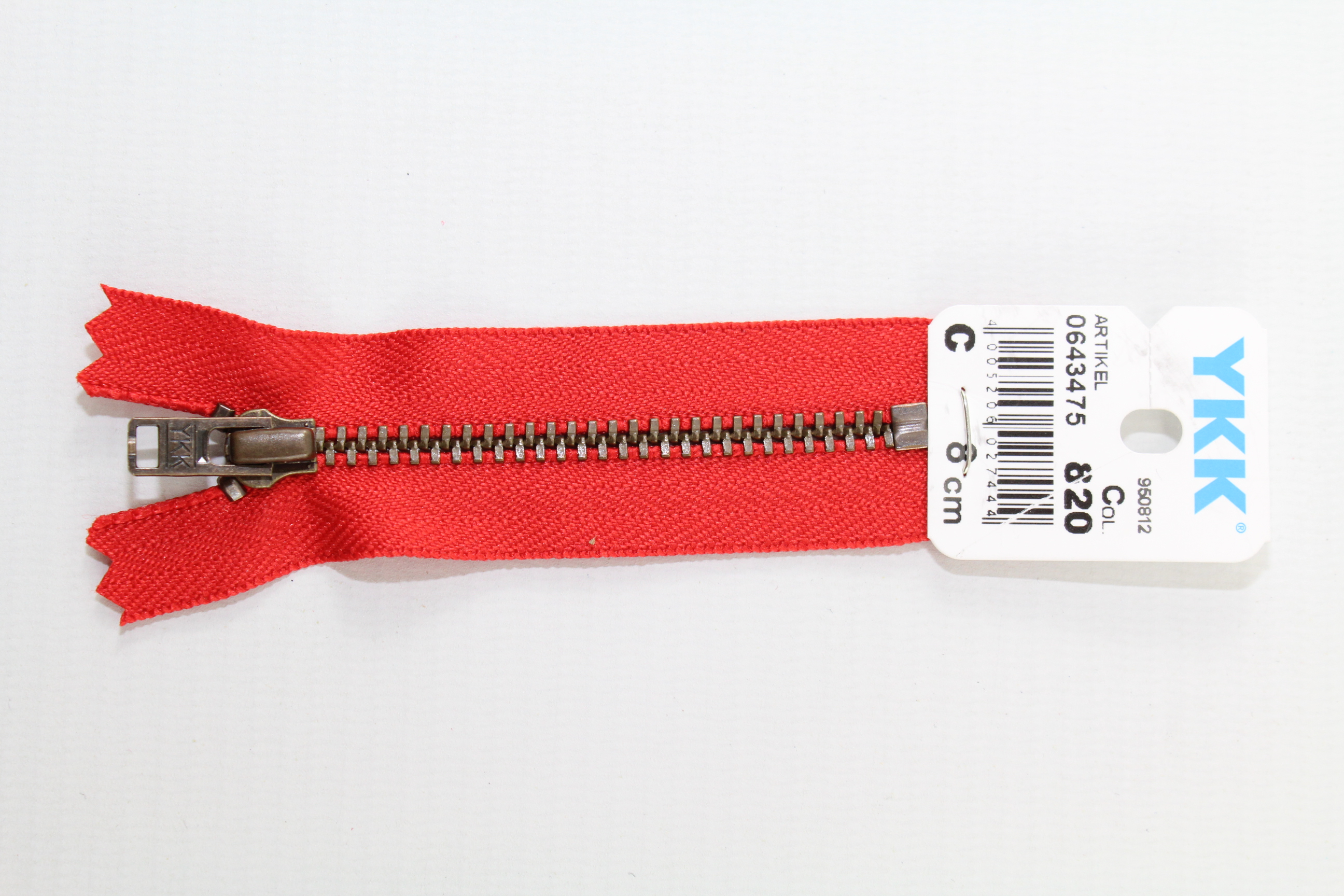 YKK Reissverschluss altmessing 8cm, nicht teilbar, hochrot, Farb.-Nr.: 820