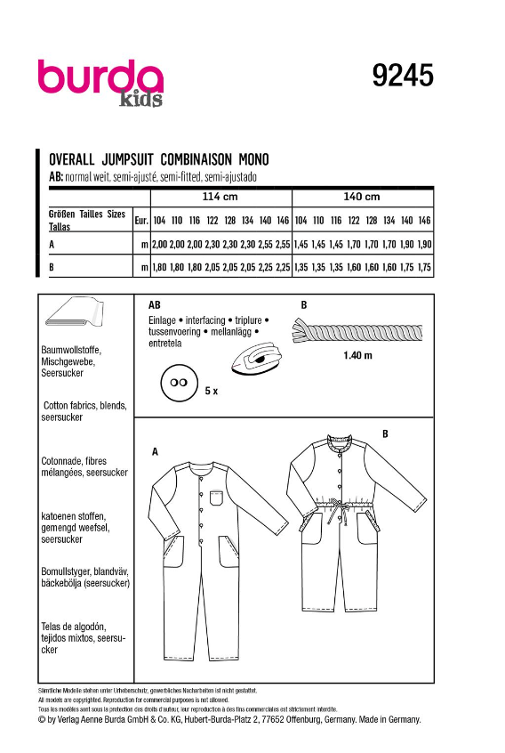 burda Schnitt 9245 "Overall für Kinder"