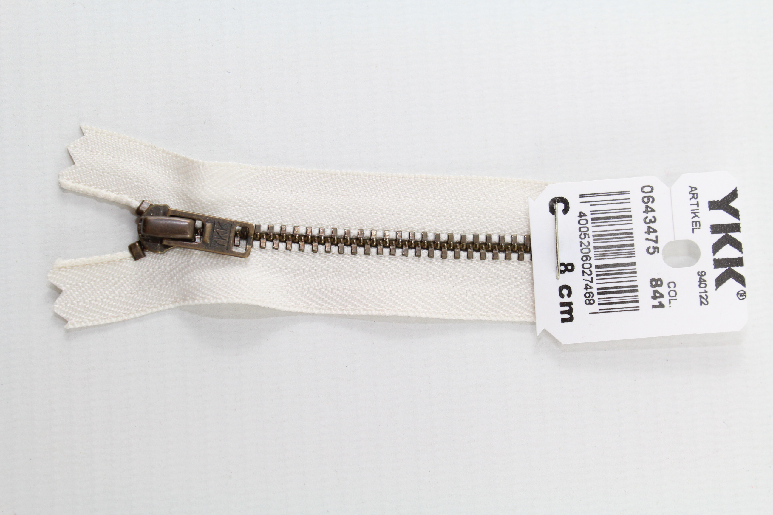 YKK Reissverschluss altmessing 8cm, nicht teilbar, rohweiss, Farb.-Nr.: 841