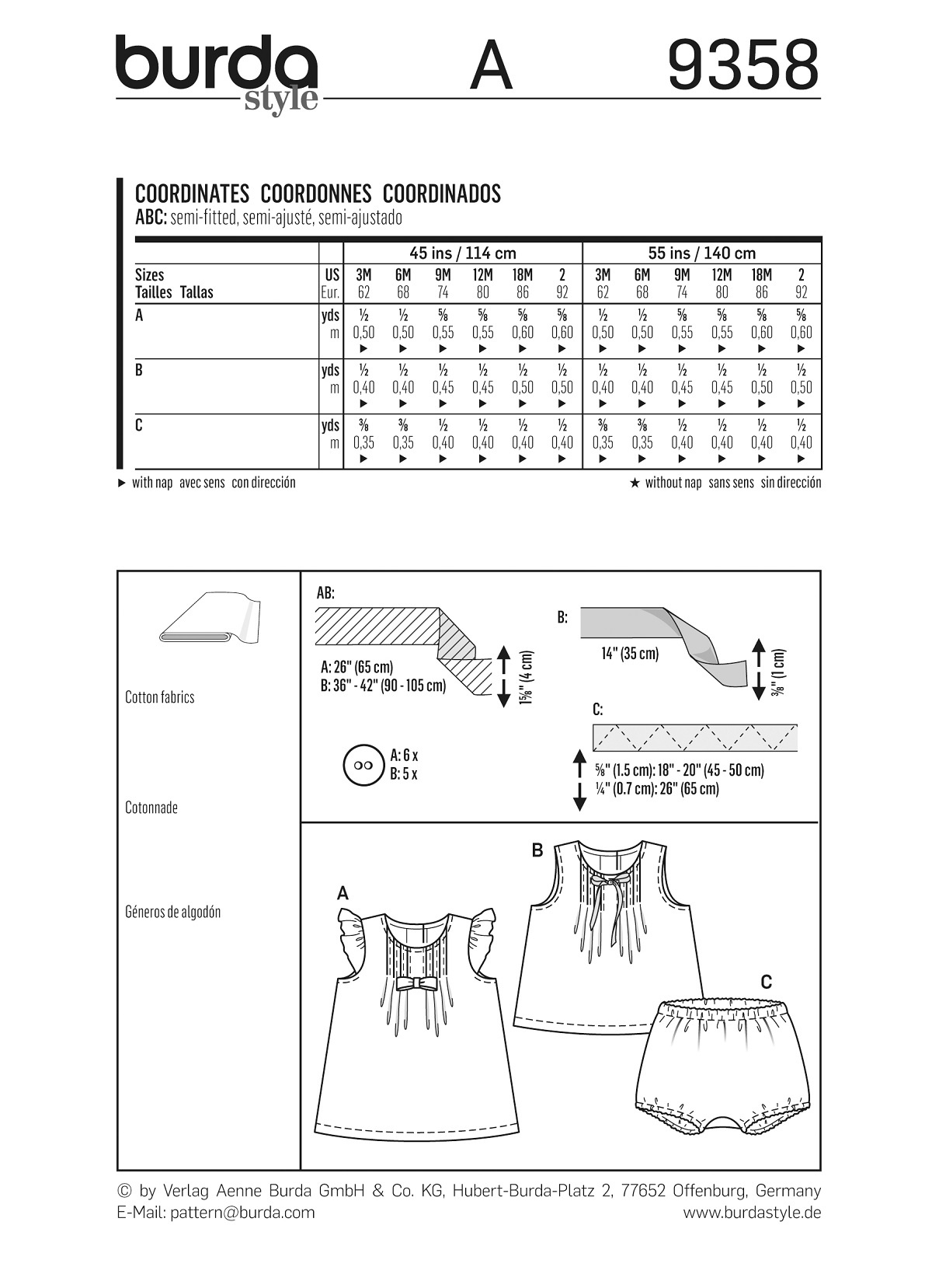 burda Schnitt 9358 "Kleid und Hängerchen und Bluse und Höschen und Fältchen und rückw. Knopfverschus