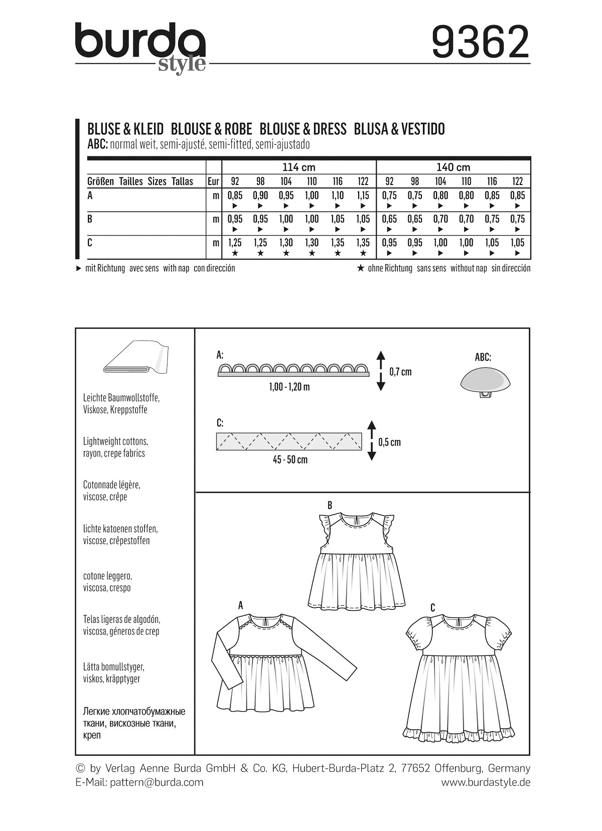 burda Schnitt 9362 "Bluse und Kleid und Hängerchen und eingereihter Rock und Saumrüsche"