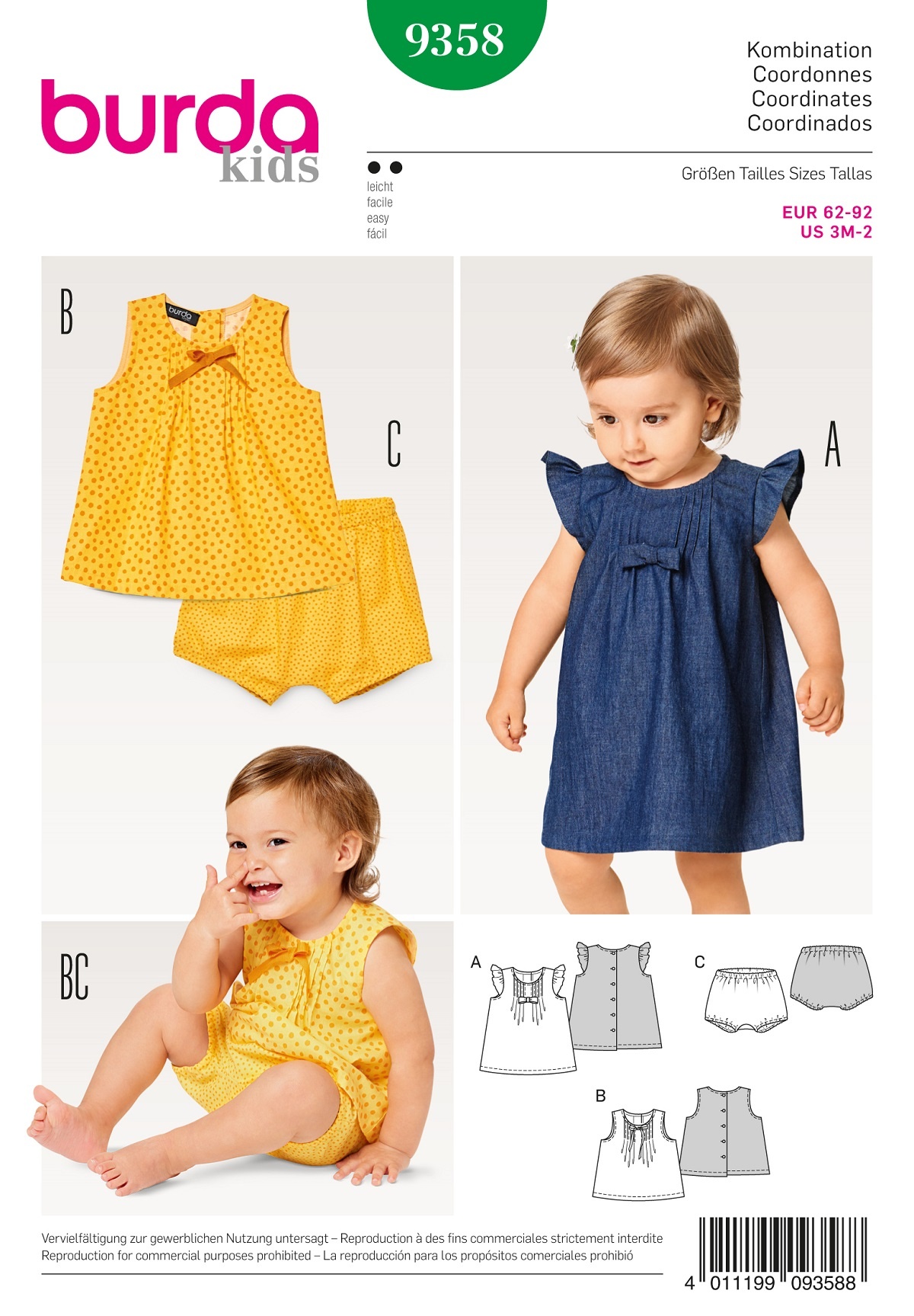 burda Schnitt 9358 "Kleid und Hängerchen und Bluse und Höschen und Fältchen und rückw. Knopfverschus