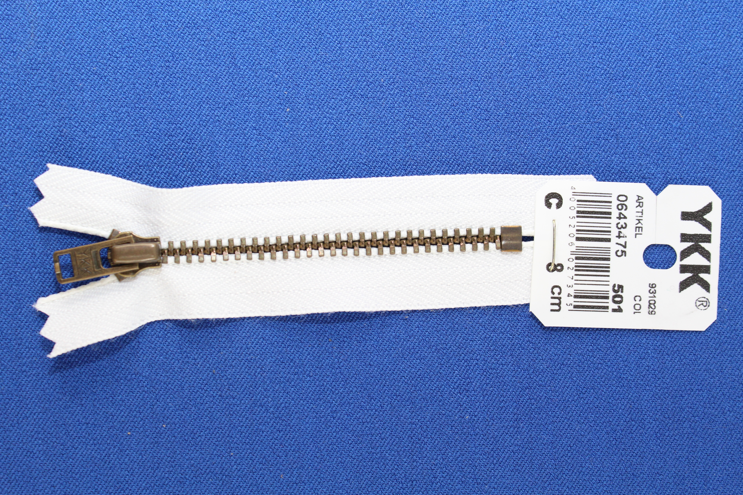 YKK Reissverschluss altmessing 8cm, nicht teilbar, weiss, Farb.-Nr.: 501