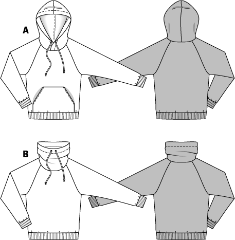burda Schnitt 6718 "Herrensweater und Hoody und Kragen mit Kordeldurchzug und Raglan-Ärmel"