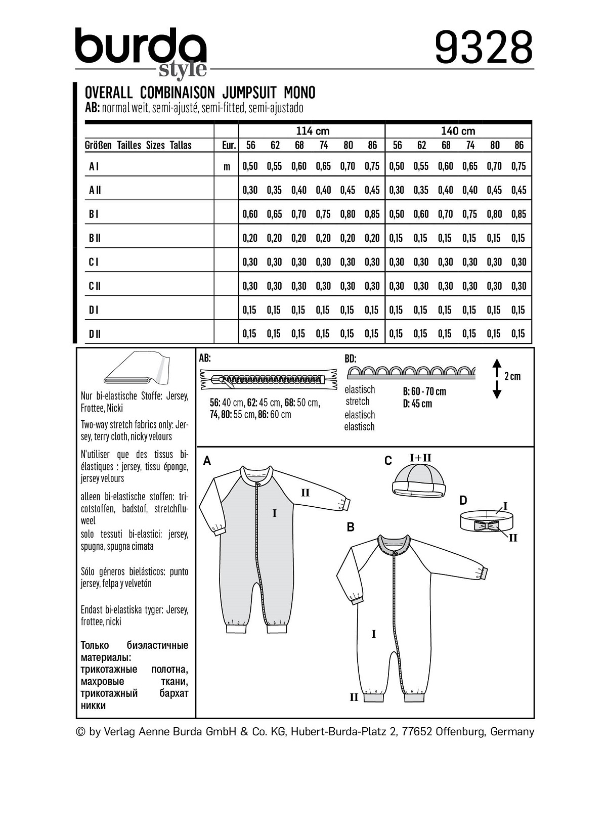 burda Schnitt 9328 "Overall, Muetze, Stirnband"